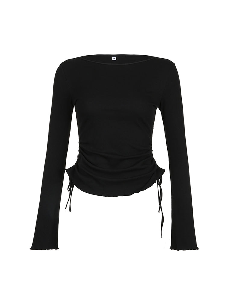 Aiertu - summer inspo Black Solid Ribbed O Neck Slim Long Sleeve Basic Long Sleeve T Shirt Women Side Shirring Lace-Up Chic Fashion Elegant Simple Tee Aiertu