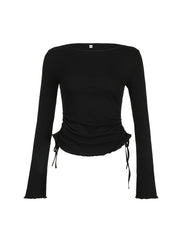Aiertu - summer inspo Black Solid Ribbed O Neck Slim Long Sleeve Basic Long Sleeve T Shirt Women Side Shirring Lace-Up Chic Fashion Elegant Simple Tee Aiertu