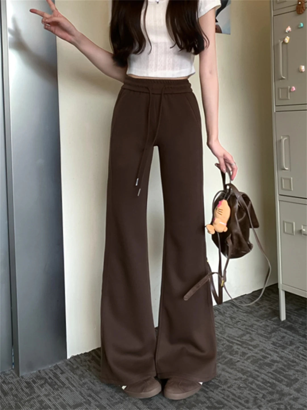 Aiertu  American Retro Casual Streetwear High Waist Wide Leg Pants Women Vintage Elegant Sexy Solid Slim Yoga Trousers Aiertu