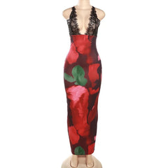 Aiertu  -  Spaghetti Strap Deep V Neck Lace Sleeveless Print Backless Maxi Hip Dress Spring Summer Y2K Street Trendsetter Vestidos Aiertu