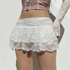 Aiertu  -  layered look inspo Elegant White Mini Skirt for Women High Waist Ruffle Lace Patchwork Fairycore Perfect for Parties and Nightclubs Aiertu