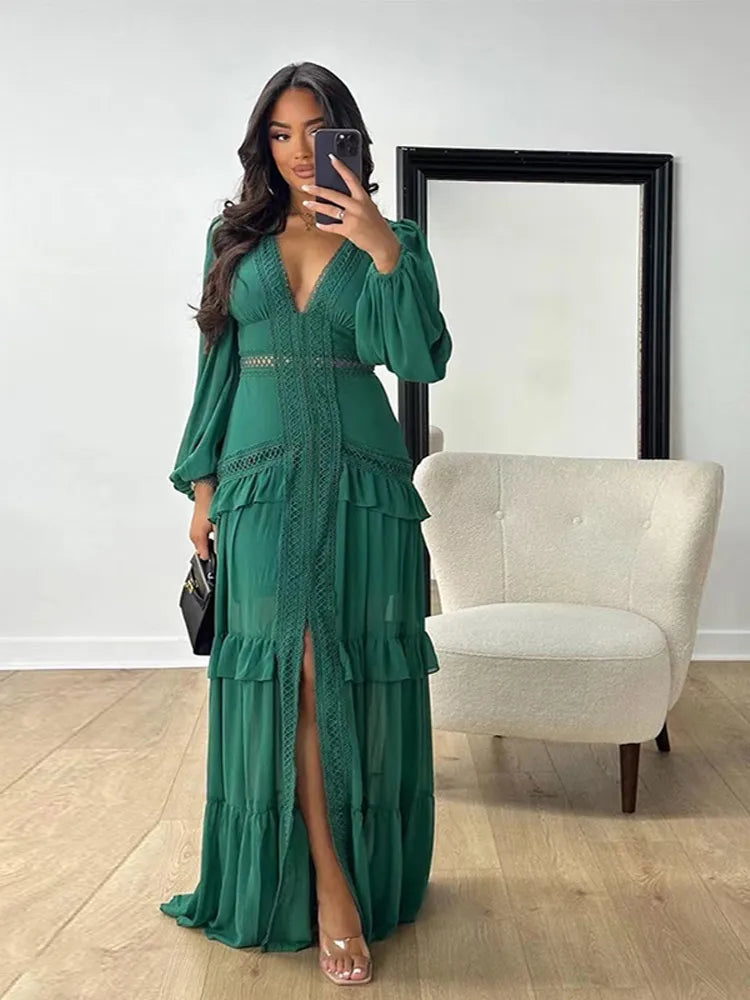 Aiertu  -  Elegant Hollow Lace Patchwork Ruffle Long Dress For Women Sexy Deep V-neck Lantern Sleeves Slim Maxi Dresses Female Party Robes Aiertu