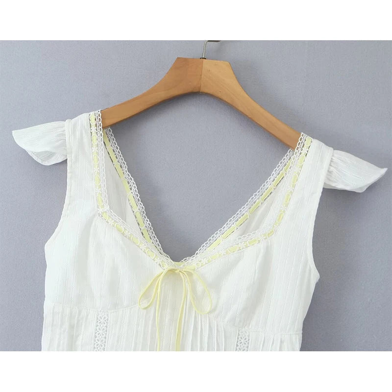 Aiertu  -  French Lazy Style White Dress For Women Sexy V Neck Short Sleeve A-line Mini Summer Dresses Casual Holiday Robe Lace Up Aiertu