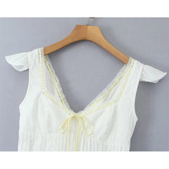 Aiertu  -  French Lazy Style White Dress For Women Sexy V Neck Short Sleeve A-line Mini Summer Dresses Casual Holiday Robe Lace Up Aiertu