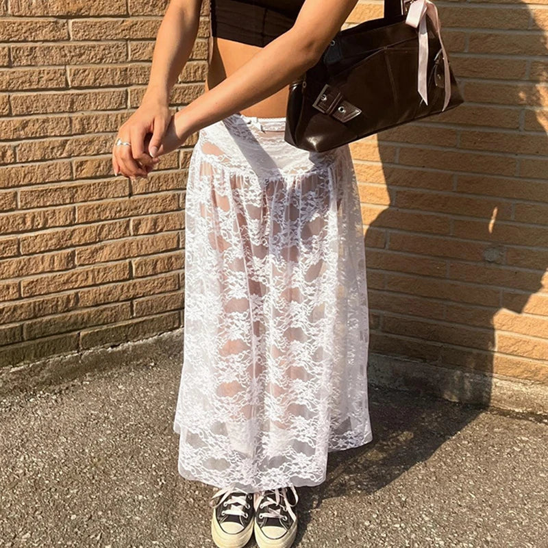 Aiertu  -   Sexy Lace See-Through Skirt For Women Elastic Waist Bow Jacquard Splice Summer New Solid Color Loose Long Skirt Female Aiertu