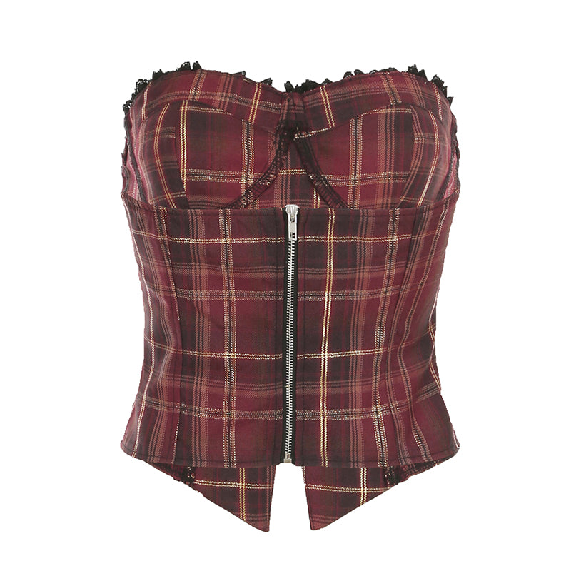 Aiertu - summer inspo Christmas Red Plaid Lace Trim Bandage Women’s Straps Tops Skinny Hotsweet Festive Atmosphere Blouses Fashion Trendy Aiertu