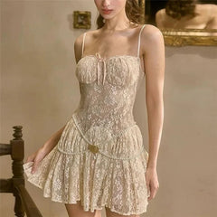 Aiertu  -  Lace Spaghetti Strap Dress Women Summer High Waist Sleeveless Pleated Short Dress Sexy See-through Party Evening Dress Aiertu
