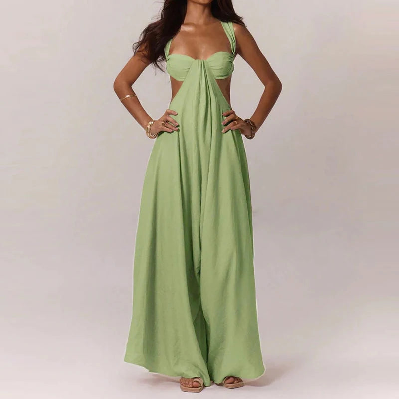 Aiertu  -  Women Elegant Hollow Backless Solid Color Long Romper Sexy Off Shoulder Party Jumpsuit Casual Sleeveless Wide Leg Loose Playsuit Aiertu