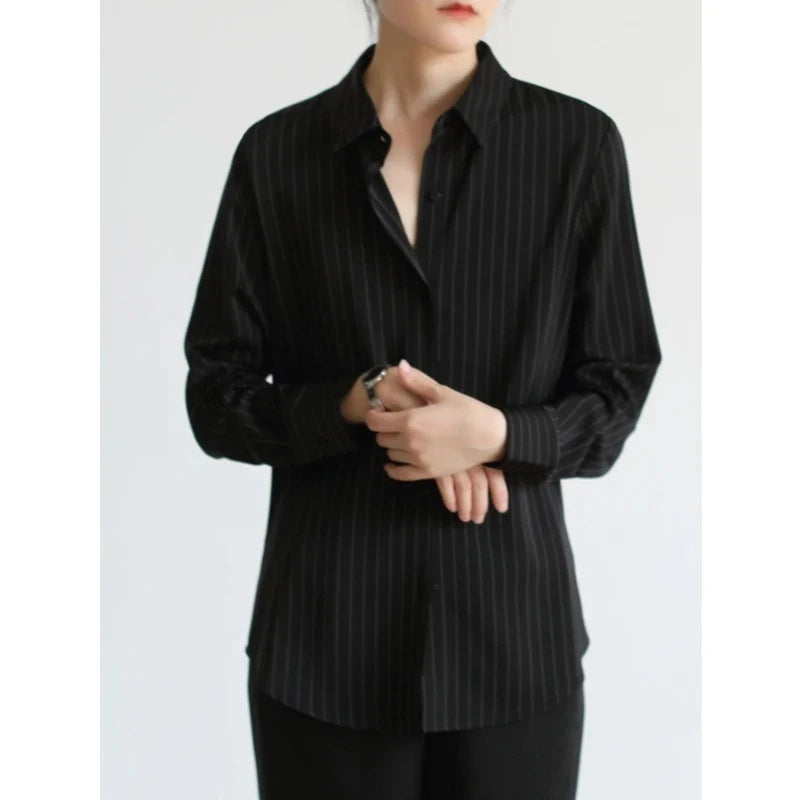 Aiertu Vintage Black Striped Shirts Women Office Long Sleeve Loose Casual Blouses Lady Korean Fashion Elegant Chic All Match Tops Aiertu