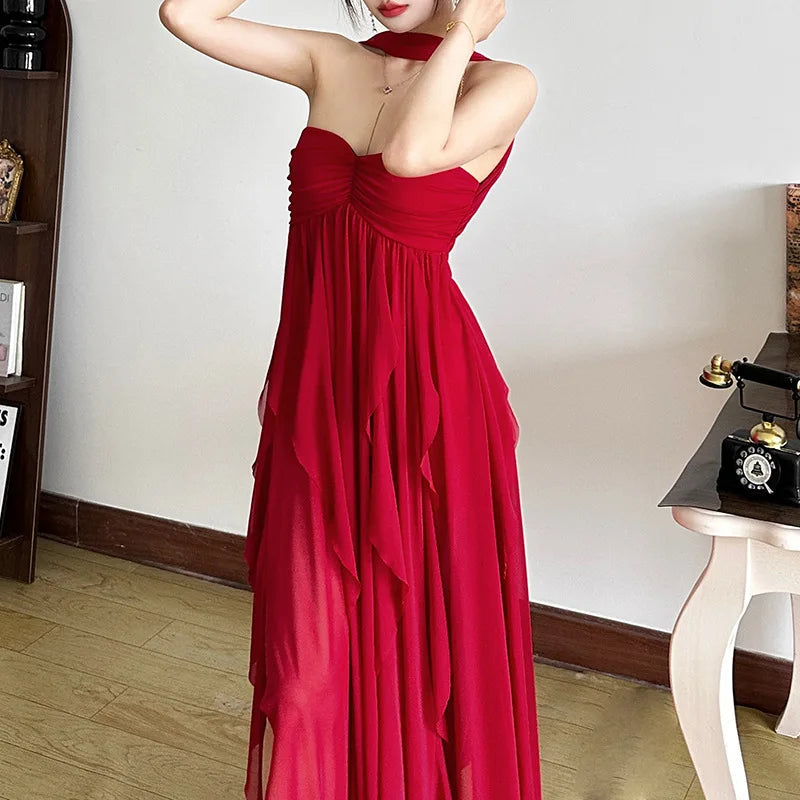 Aiertu  -  Chiffon Red Party Dresses Sexy Elagant Irregular Ruffle Sleeveless Backless Long Dresses for Women P94-FI59 Aiertu