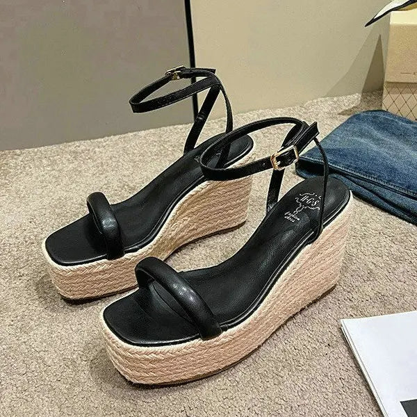 Aiertu  -  Summer New Buckle Square Head Hemp Wedge Sandals Thin Belt Braided Platform High Heel Shoes For Women Aiertu