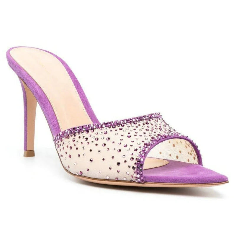 Aiertu  -  European Style Fashion Stiletto Rhinester High-heeled Slippers Pointed Open-toed Slip-on Slides Aiertu