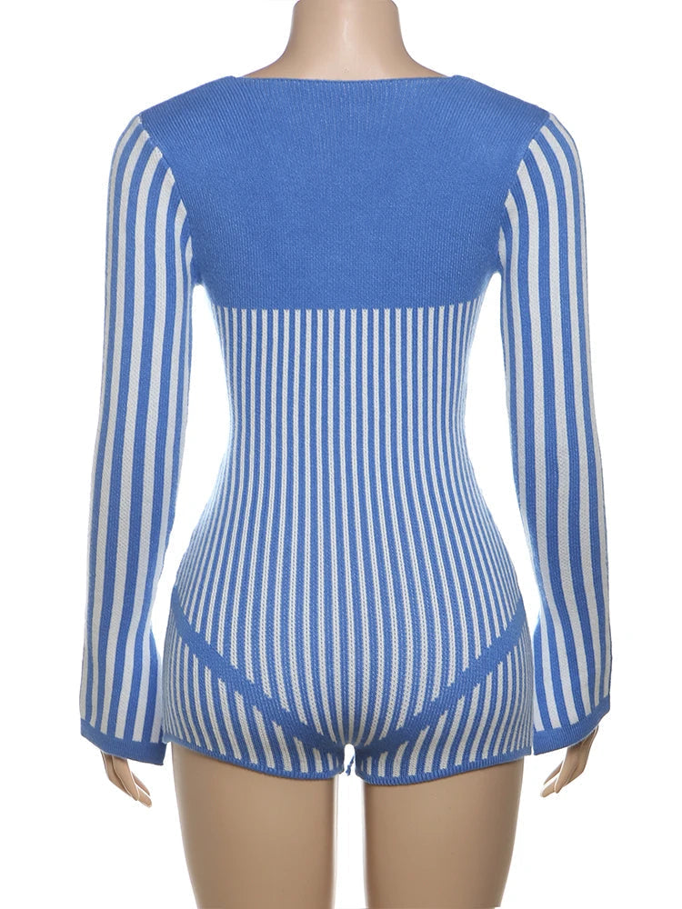 Aiertu  -  Low-Neck Crochet Bandage Playsuits Women Contrast Striped Patchwork Long Sleeve Autumn Fit Trend Vacation Skinny Romper Aiertu