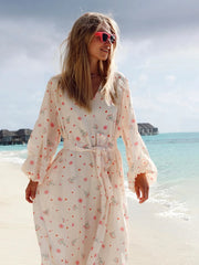 Aiertu  -  Women Printed Chiffon Dress Sweet Casual Summer Loose V-neck Beach Lace Up Long Skirts Fashionable Office Lady Dress Aiertu