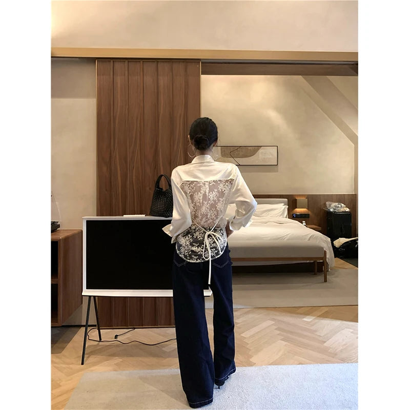 Aiertu  Elegant Shirts Women Vintage Sexy Lace Backless Bandage Blouses Summer Korean Hollow Out Long Sleeve Design Casual Tops Aiertu