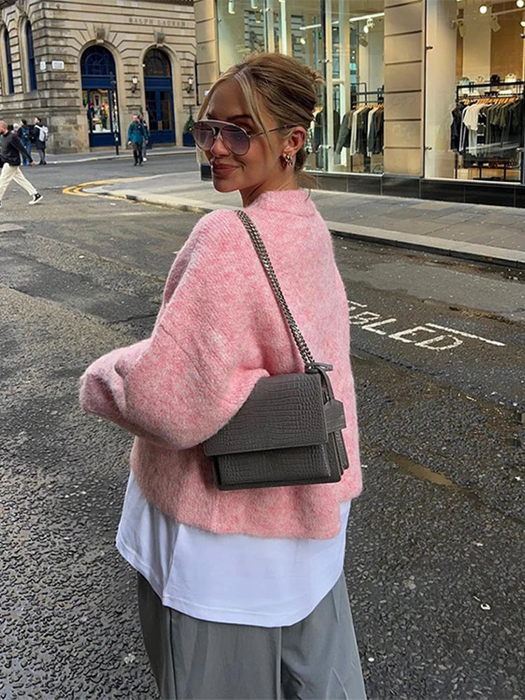 Aiertu  -  Elegant Knit Solid Women Pullover Loose Full Sleeve O Neck Female Sweater 2024 Autumn Fashion Pink All Match Lady Knitwear Aiertu