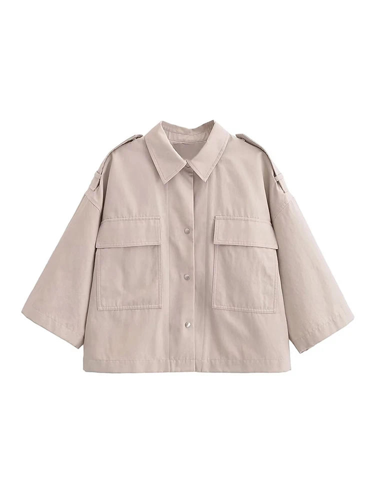 Aiertu  -  Fashion Lapel Spliced Coats Women Casual Single-breasted Pockets Short Sleeve Female Jacket Autumn Lady Solid Loose Outwear Aiertu