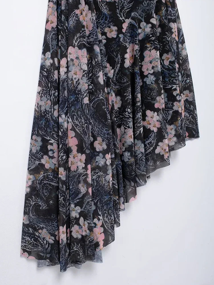 Aiertu  -  Women Fashion Printed Pleated Midi Dress Vintage Asymmetrical Neck One Shoulder Long Sleeve Female Chic Lady Dresses Aiertu