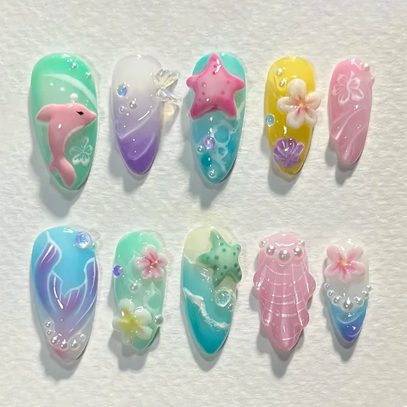 Aiertu  -  24PCS Summer Colorful Almond False Nail with 3D Flower Beach Paintings Press on Fake Nail Full Cover Wearable Manicure for Women Aiertu