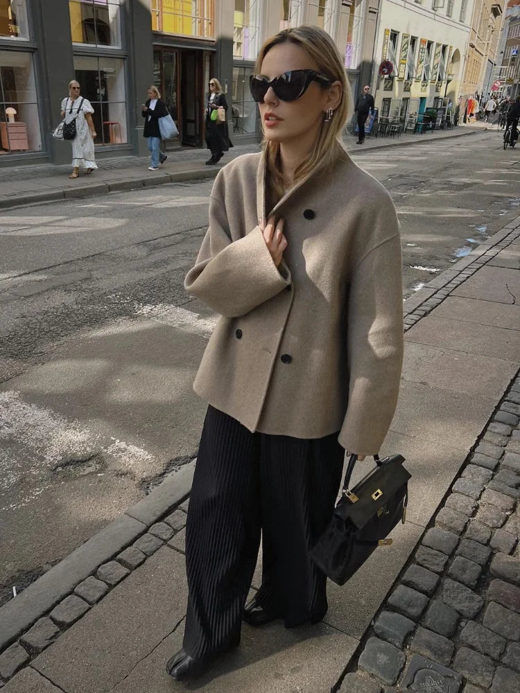 Aiertu  -  Elegant Warm Solid Woolen Cropped Coat Women Chic Stand Collar Double Breasted Long Sleeves Jacket Autumn Lady Commute Outercoat Aiertu