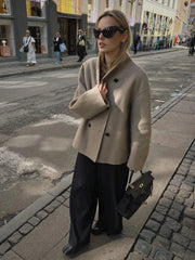 Aiertu  -  Elegant Warm Solid Woolen Cropped Coat Women Chic Stand Collar Double Breasted Long Sleeves Jacket Autumn Lady Commute Outercoat Aiertu