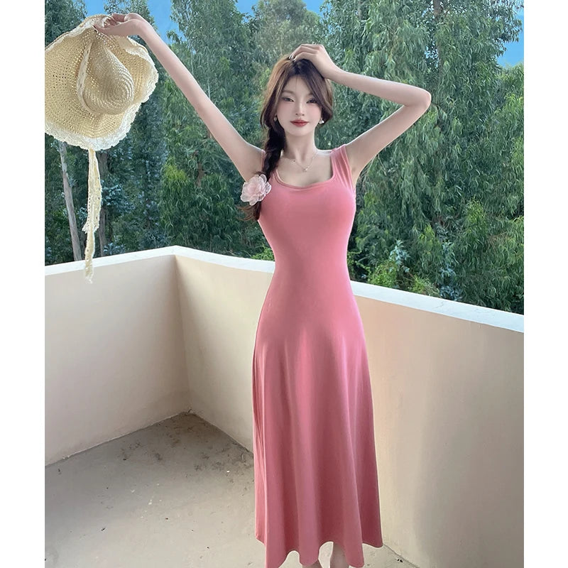 Aiertu  -  Spice Girl Sexy Strap Dress Women's Summer Sleeveless Slim A-line Solid Color Long Dress Fashion Female Clothes Aiertu
