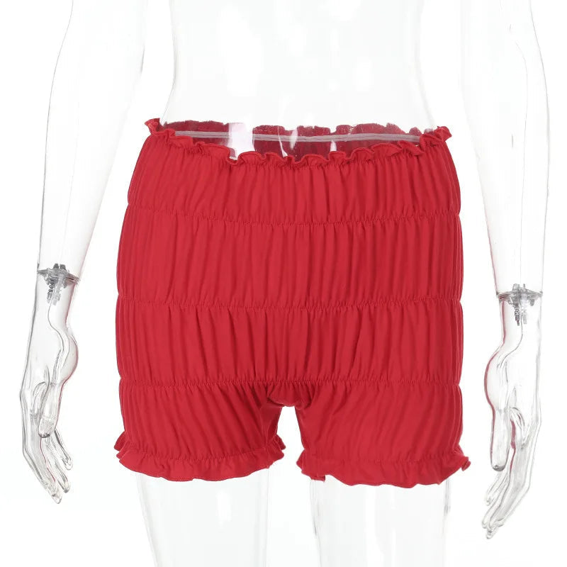 Aiertu  -  2 Piece Sets Woman Outfit Sexy Fringed Ruched Mesh Top and Shorts Solid Matching Sets Summer Wear 2025 P66-FZ18 Aiertu