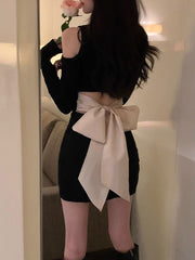 Aiertu  Off Shoulder Woman Long Sleeve Dress Black Short Bow Birthday Mini Dresses for Women Autumn and Winter New in Elegant Beautiful Aiertu