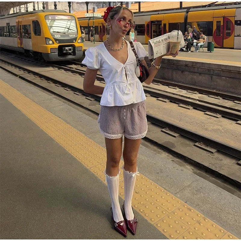 Aiertu  -  Elegant White V-neck Lace Up Shirt Women Retro Puffy Short Sleeve Waist-cinching Shirts Female 2025 Spring Chic Street Lady Tops Aiertu