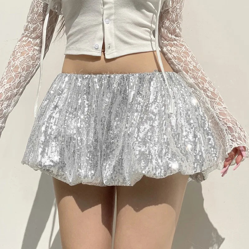 Aiertu  -  party look snspos Silver Sequin Skirt Women High Waist Mini Skirt Woman Fashion Shiny Pleated Elegant Short Skirt Party Club Y2k Outfits Aiertu