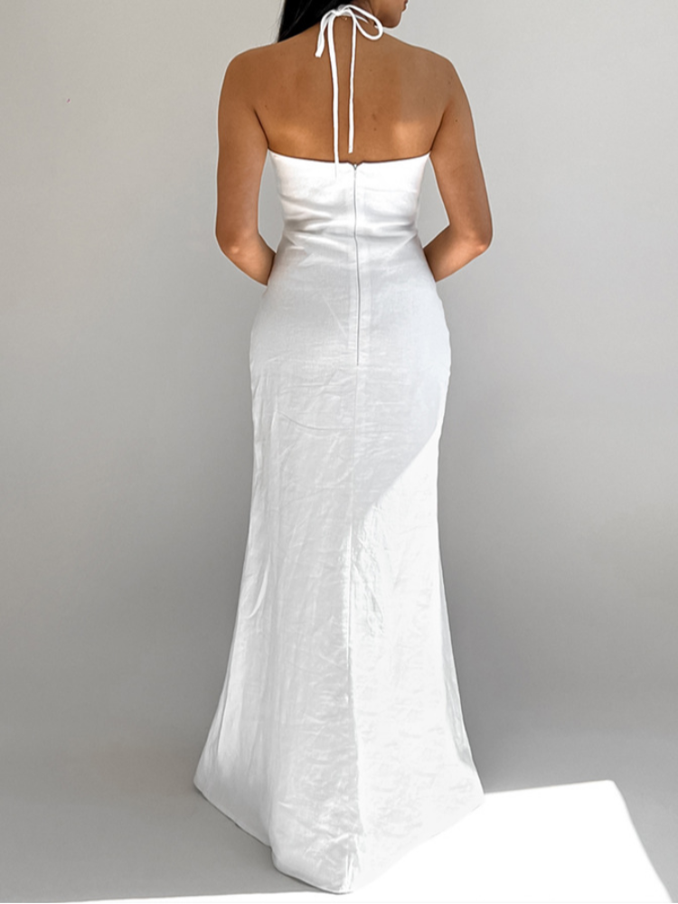 Aiertu  -  Comfortable Cotton White 2 Piece Sets Fashion Halter Bikini Backless Low Waist Long Dress Suit New Lady Beach Vocation Wear 2025 Aiertu