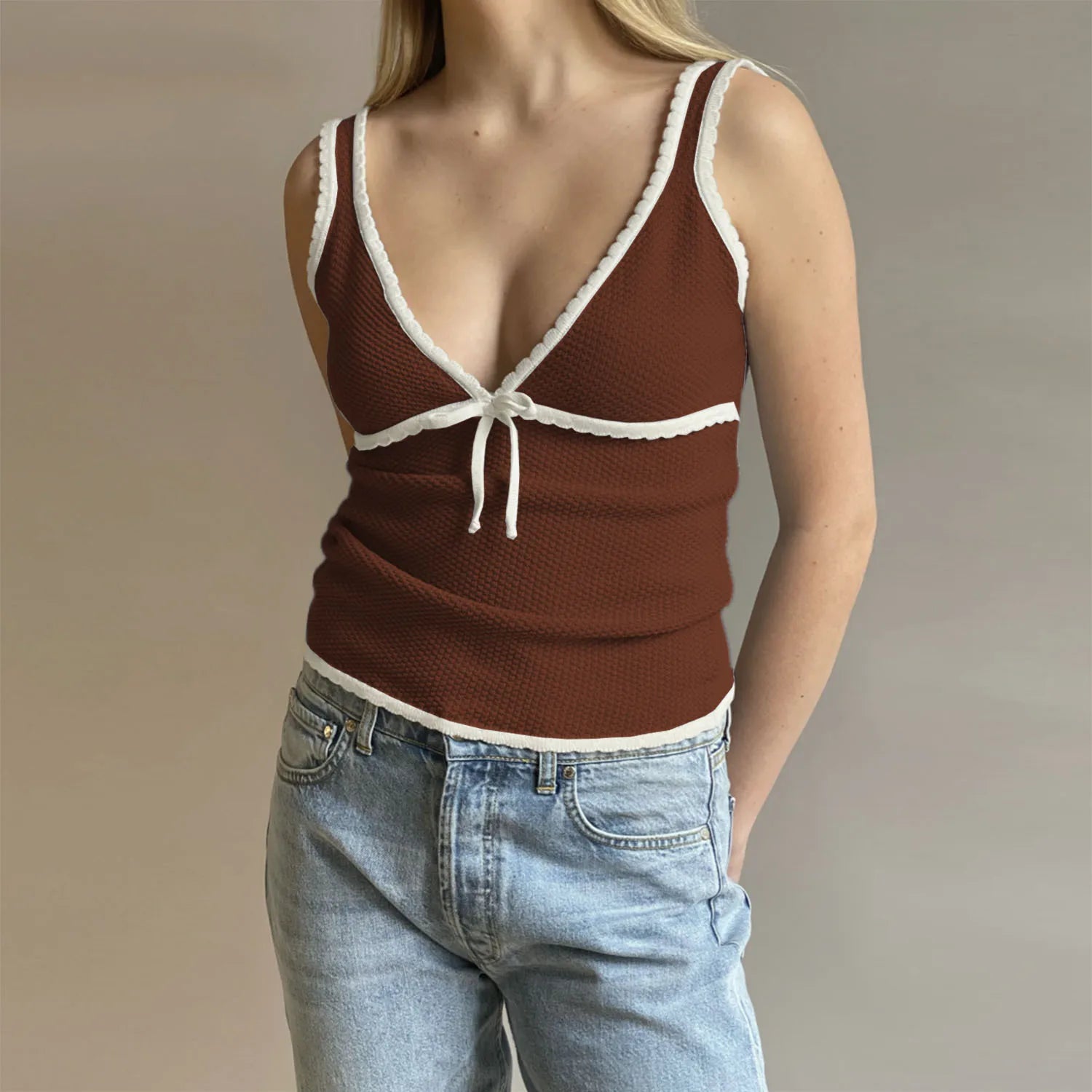 Aiertu  -  Retro Deep V Neck Crop Top Women Y2k Ruffle Vintage Tank Tops Womens Tie Up Bow Knitted Woman Backless Cute Tops 2026 New Aiertu