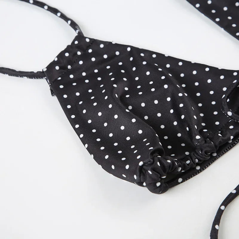 Aiertu  -  Summer Vacation Beach 2 Piece Set Women Sexy Polka Dots Print Lace Up Halter Bra + Ruffles Micro Mini Skirts Swimsuit Aiertu