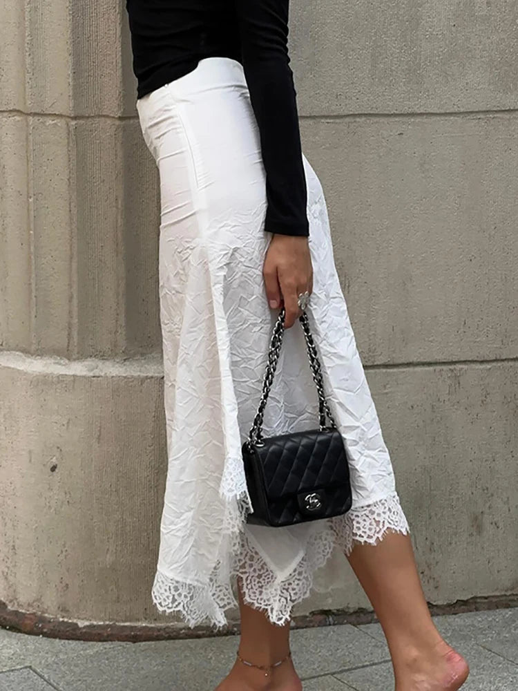 Aiertu  -  Patchwork Irregular Lace Women Skirt White High Waist Casual Y2k Solid Long Skirt Female Summer Slim Fashion Streetwear Aiertu