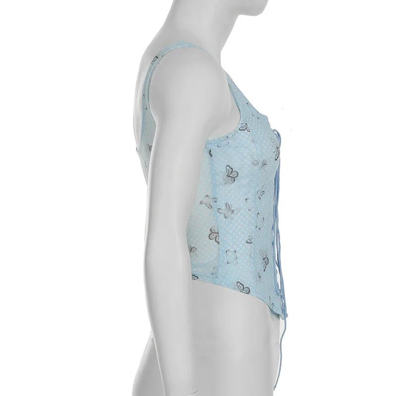 Aiertu  -  Spring Dream Blue Butterfly Printing Contrast Color Mesh Splicing Waist Strap Design Pure Desire Sling Vest Y2K Aiertu