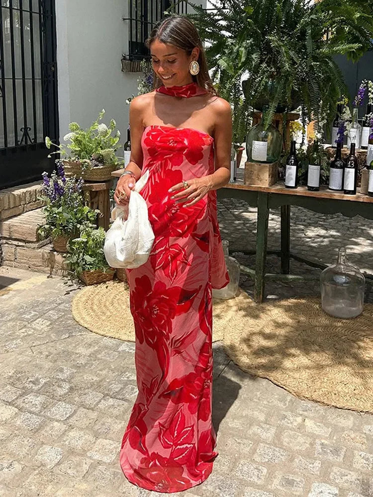 Aiertu  -  Ribbon Scarf Printed Strapless Dress Backless Sexy Slimming Vacation Beach Lady Maxi Long Dress Party Robes Women's Clothing Aiertu