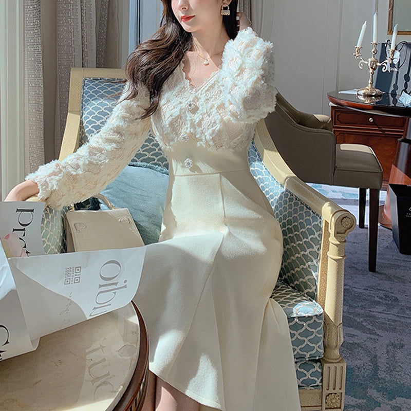 Aiertu Long White Dress Women French Vintage V-neck Lace Slim Y2K Dress Spring Korean One Piece Casual Evening Party Dress Aiertu