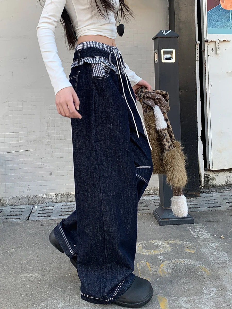 Aiertu  -  Drawstring Waist Patchwork Baggy Jeans Women Vintage Wash Wide Leg Frilly Striped Denim Pants Korean Y2k Streetwear Aiertu