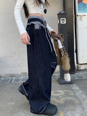 Aiertu  -  Drawstring Waist Patchwork Baggy Jeans Women Vintage Wash Wide Leg Frilly Striped Denim Pants Korean Y2k Streetwear Aiertu