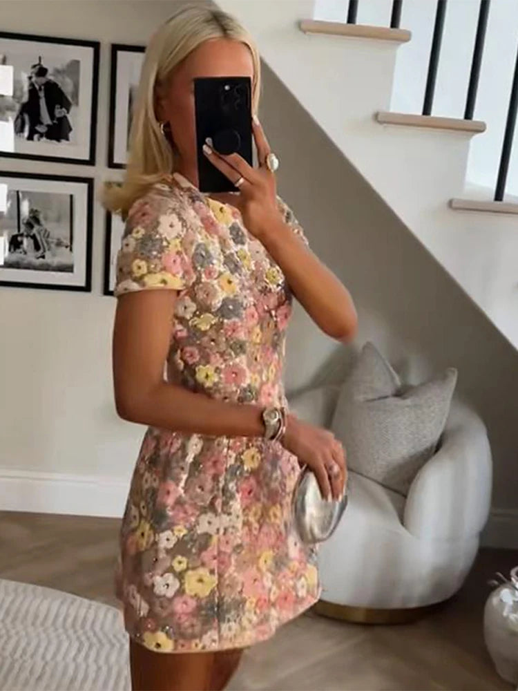 Aiertu  -  Chic Flower Mini Dress Women O-neck Short Sleeves High Waist A-line Dresses Female 2025 Spring Summer Fashion Floral Lady Robe Aiertu