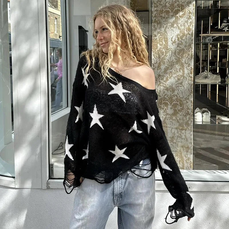 Aiertu  -  Street Stars Printed irregular Wide Collar Sweater Hot Girl Loose Thin Ripped Knit Sexy See Through Pullovers Long Sleeve Aiertu