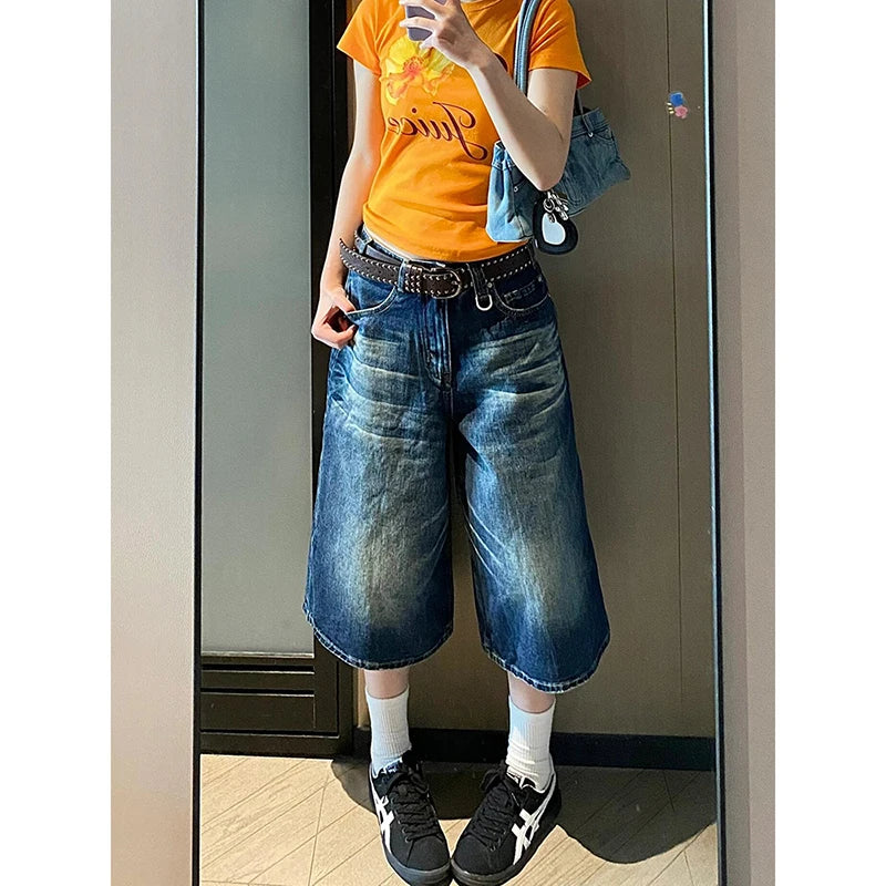 Aiertu  Vintage Y2K Wash Whiskers Denim Shorts Women High Waist Distressed Frayed Wide Leg Baggy Jeans Jorts Casual Summer Clothes Aiertu