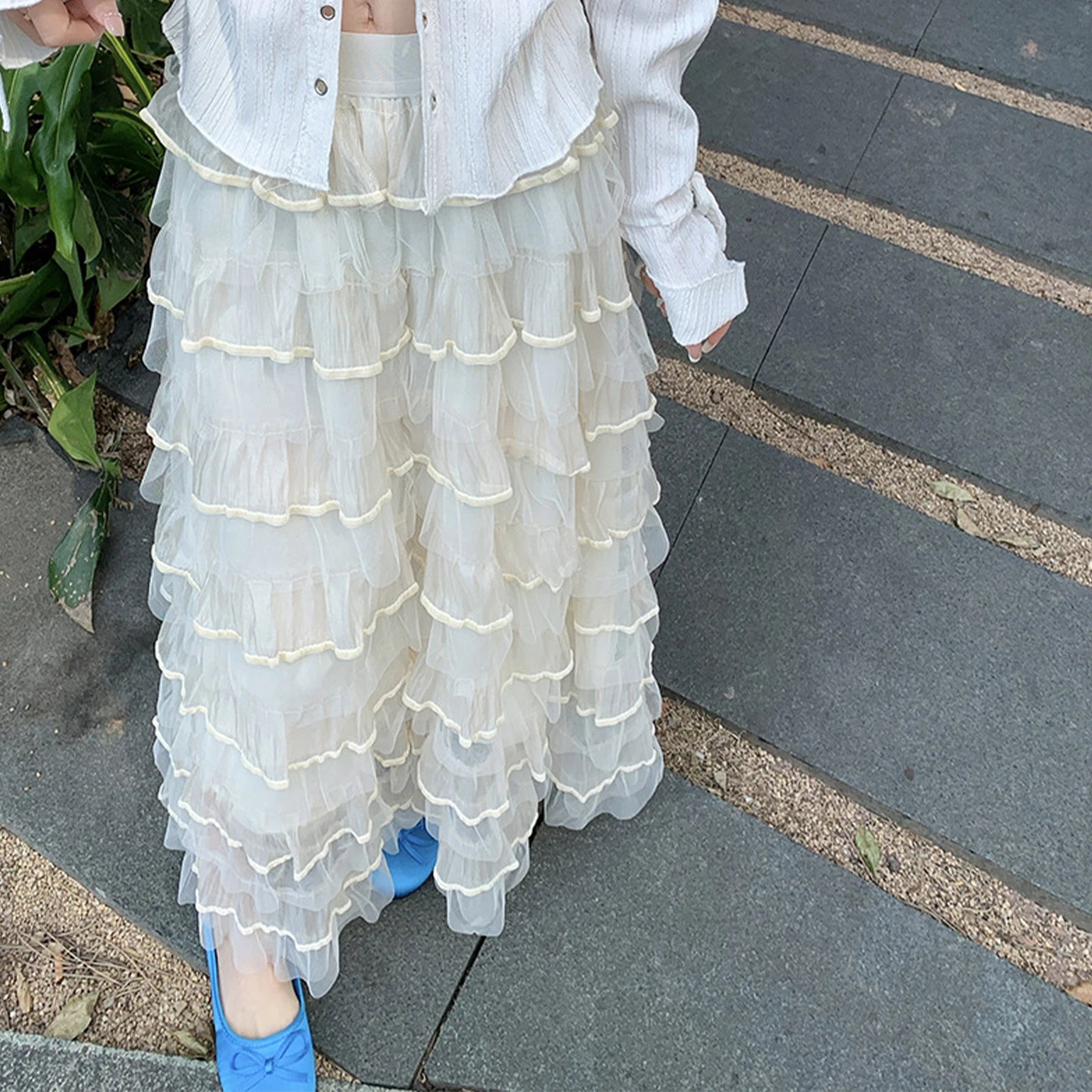 Aiertu  -  Summer 2026 Long Cake Skirt Women Solid Color High Rise Layered Ruffled A-line Tulle Skirt for Daily Office Aiertu