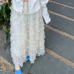 Aiertu  -  Summer 2026 Long Cake Skirt Women Solid Color High Rise Layered Ruffled A-line Tulle Skirt for Daily Office Aiertu