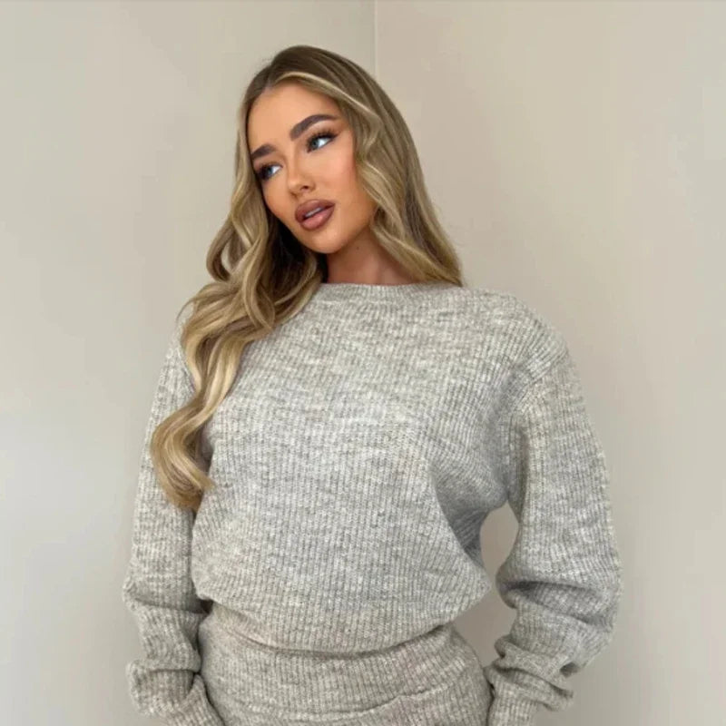 Aiertu  -  Knit Solid Women Sweater Set Straight High Waist Lady Skirts Sets 2025 Fashion Elegant Ribbed Full Sleeve 3D Flower Female Suit Aiertu