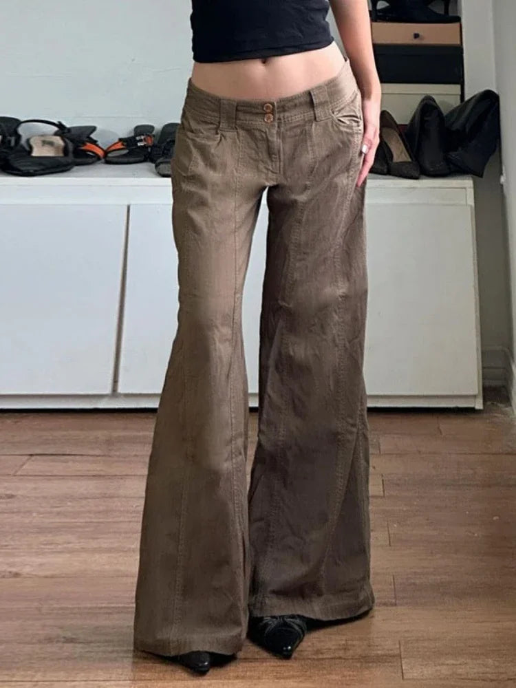 Aiertu  -  American Style Vintage Low Waist Brown Pants Women Grunge Sexy Y2k Streetwear Hip Hop Loose Baggy Trousers Aiertu
