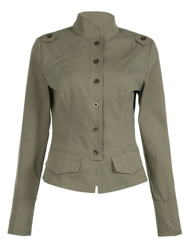 Aiertu - summer inspo Retro Green Slim Cargo Jackets Women Button Up Stand Collar Long Sleeve Autumn Korean New Fashion Outwear Aiertu