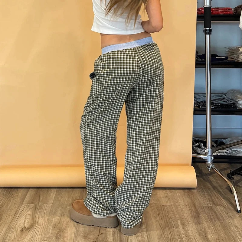 Aiertu  Casual Plaid Elastic Waistband Pants Women Loose Wide Leg Trousers 90s Vintage Cyber Grunge Sweatpants Teen Girl Streetwear Aiertu
