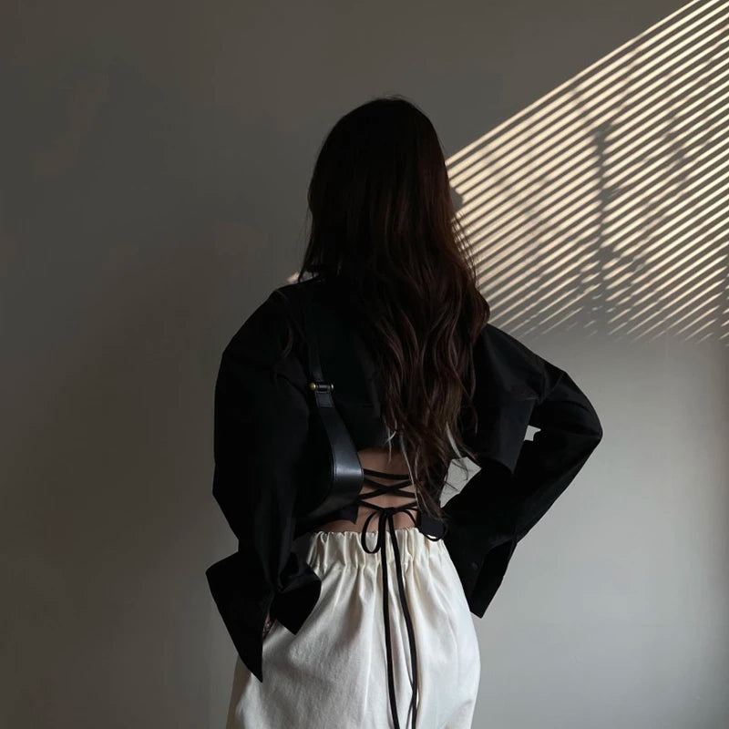 Aiertu Korean Long Sleeve Shirt Women Sexy Strap Backless Chic Blouse Office Lady Slim Lace Up Turn Down Collar Casual Top Aiertu