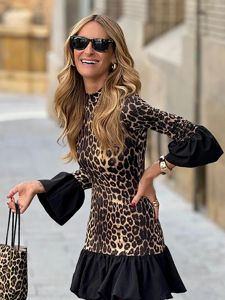 Aiertu  -  Leopard Print Patchwork Trumpet Sleeve Dress Women Sexy Slim Pleated Hem Dresses 2026 New Autumn Female New Party Highstreet Aiertu